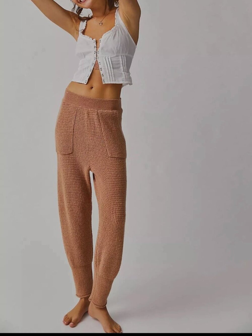 Free People C.O.Z.Y Waffle Knit Pants S High Rise Lounge Joggers Relaxed Tapered